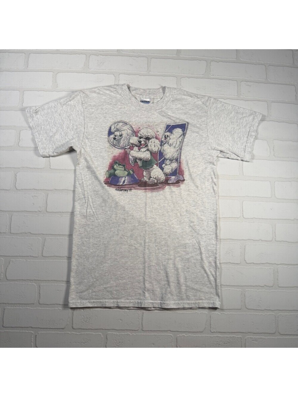 Vintage 1997 McCartney Poodle Dog Art Graphic T-Shirt Size Small Gray